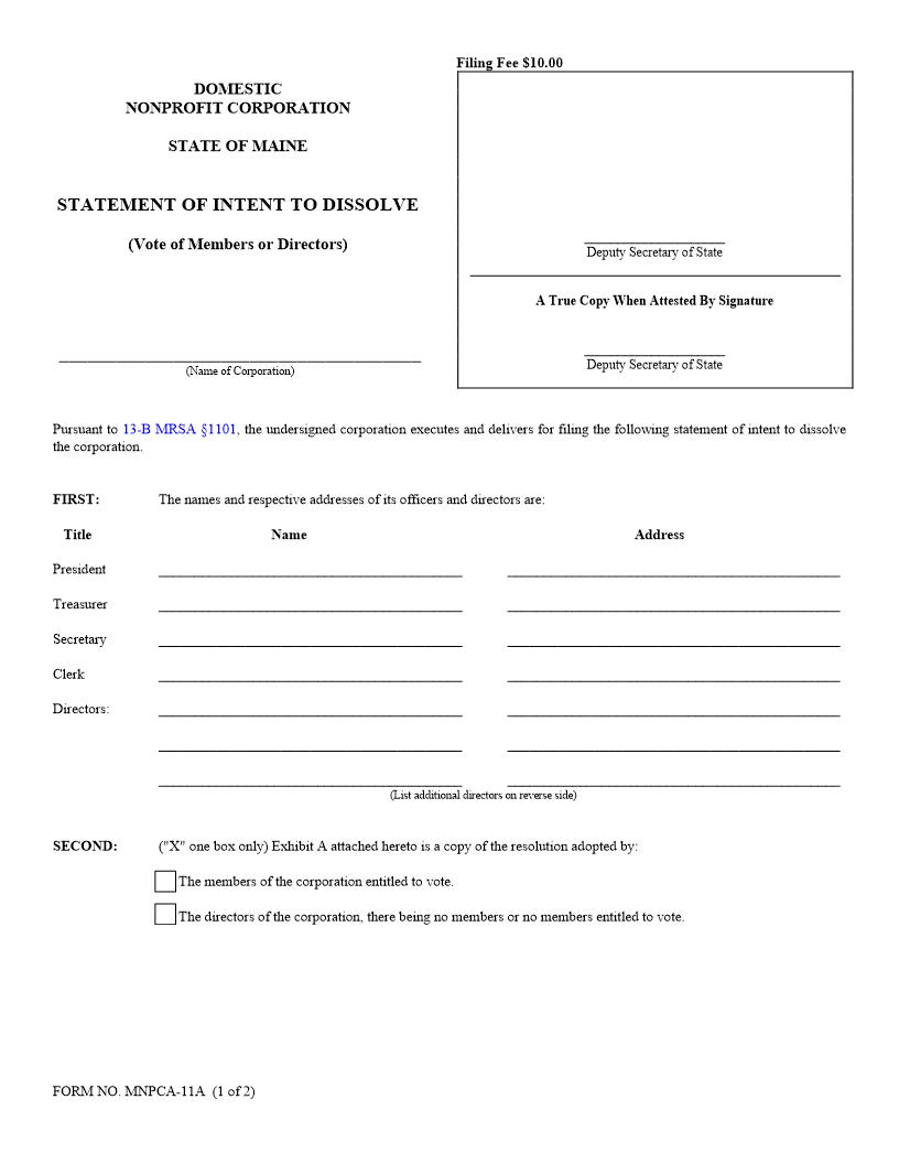 Statement Of Intent To Dissolve By Vote Of Members Or Directors {MNPCA-11A} | Pdf Fpdf Docx | Maine