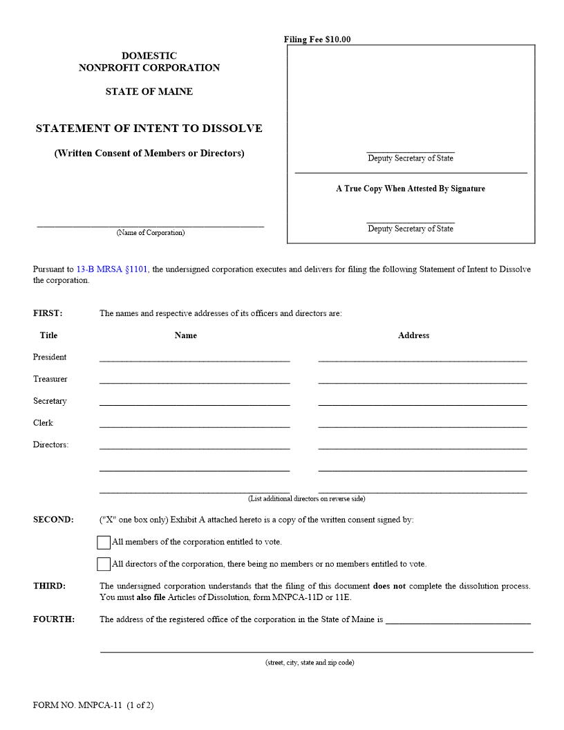 Statement Of Intent To Dissolve By Written Consent Of Members Or Directors {MNPCA-11} | Pdf Fpdf Docx | Maine