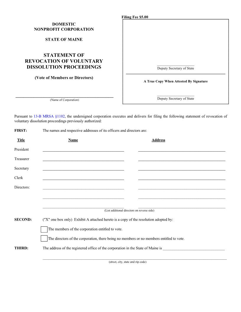 Statement Of Revocation Of Voluntary Dissolution Proceedings By Vote Of Members Or Directors {MNPCA-11C} | Pdf Fpdf Doc Docx | Maine