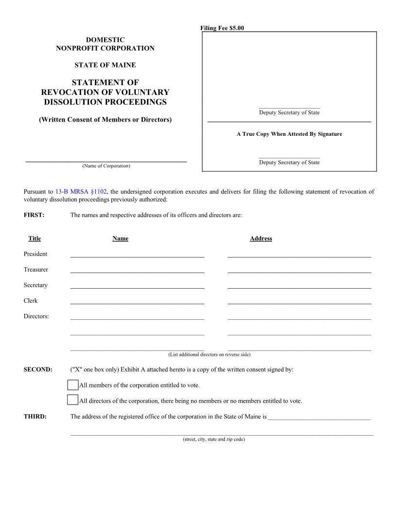 Statement Of Revocation Of Voluntary Dissolution Proceedings By Written Consent Of Members Or Directors {MNPCA-11B} | Pdf Fpdf Doc Docx | Maine