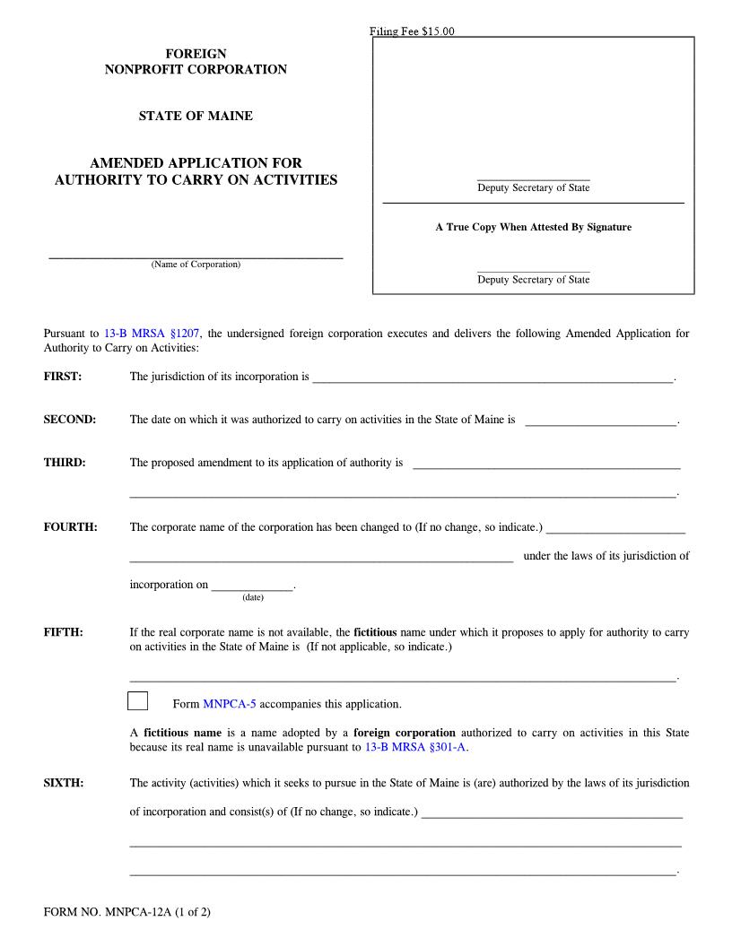 Amended Application For Authority To Carry On Activities {MNPCA-12A} | Pdf Fpdf Doc Docx | Maine