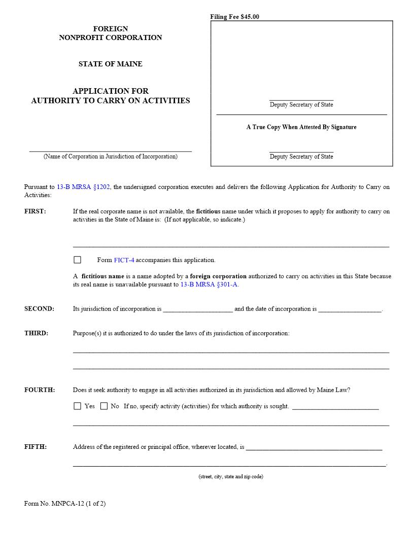 Application For Authority To Carry On Activities {MNPCA-12} | Pdf Fpdf Doc Docx | Maine