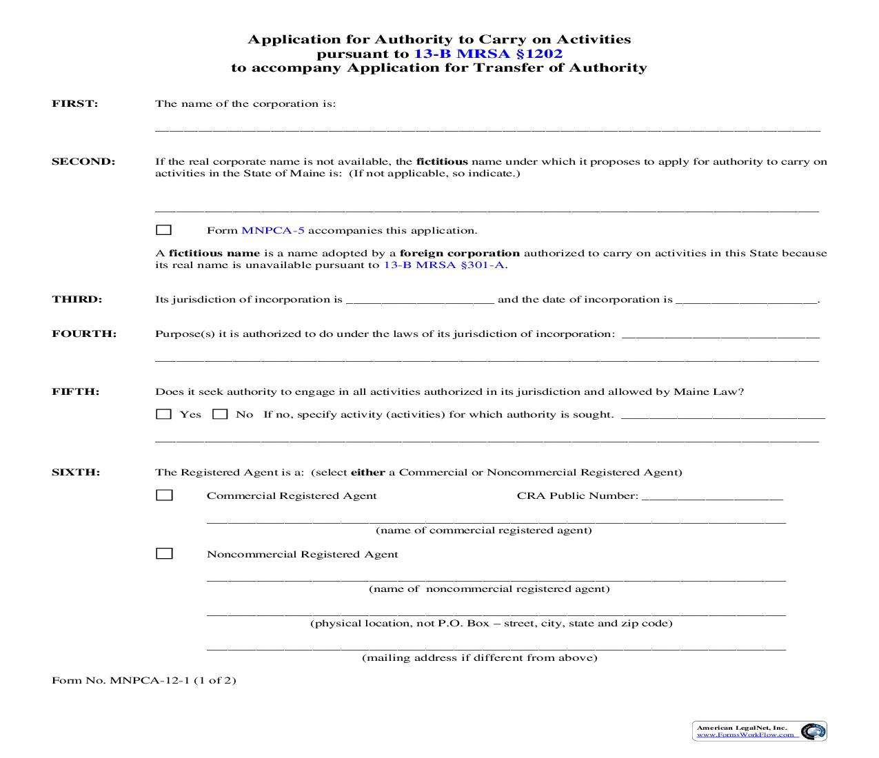 Application For Authority To Carry On Activities To Accompany Application For Transfer Of Authority {MNPCA-12-1} | Pdf Fpdf Doc Docx | Maine