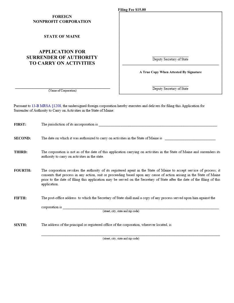 Application For Surrender Of Authority To Carry On Activities {MNPCA-12B} | Pdf Fpdf Doc Docx | Maine