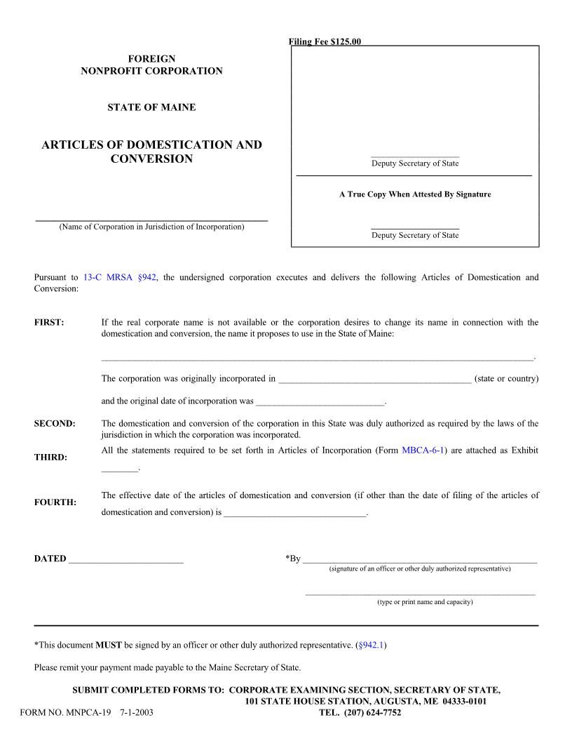 Articles Of Domestication And Conversion {MNPCA-19} | Pdf Fpdf Doc Docx | Maine
