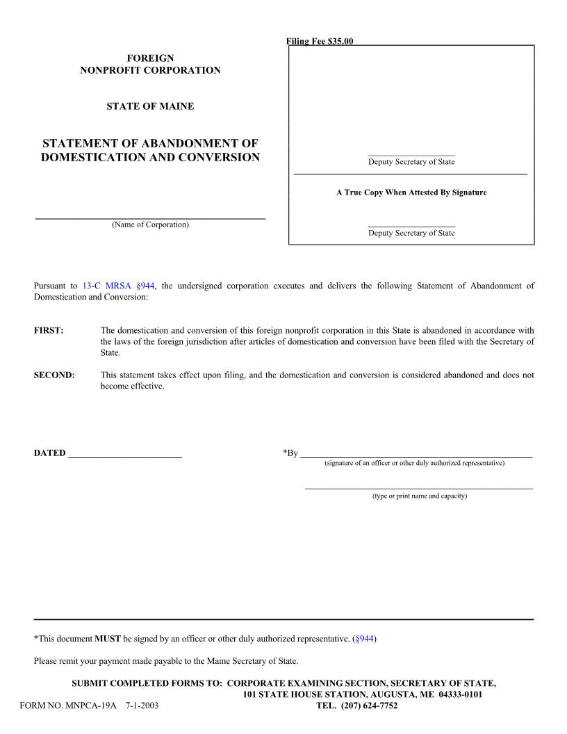 Statement Of Abandonment Of Domestication And Conversion {MNPCA-19A} | Pdf Fpdf Doc Docx | Maine