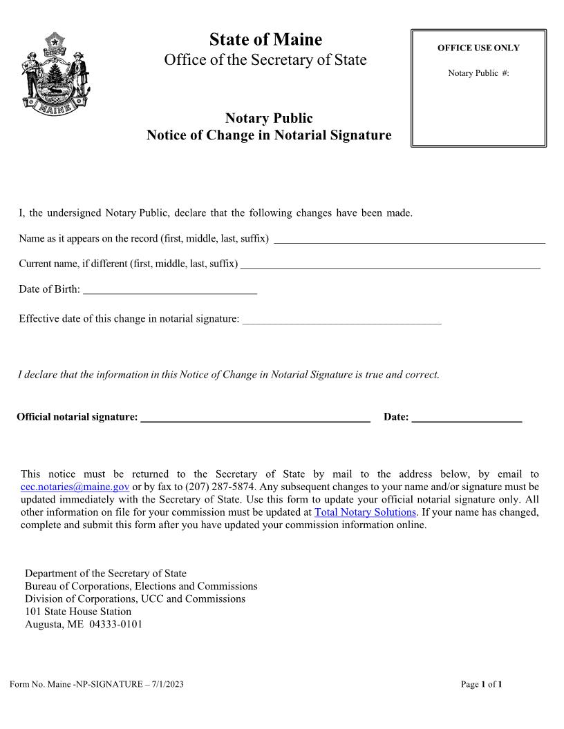 Notice Of Change In Official Notarial Signature | Pdf Fpdf Docx | Maine