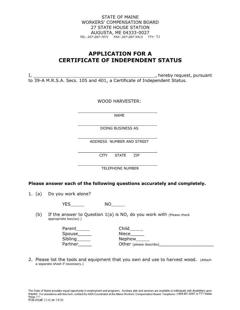 Application For A Certificate Of Independent Status {WCB-262} | Pdf Fpdf Doc Docx | Maine