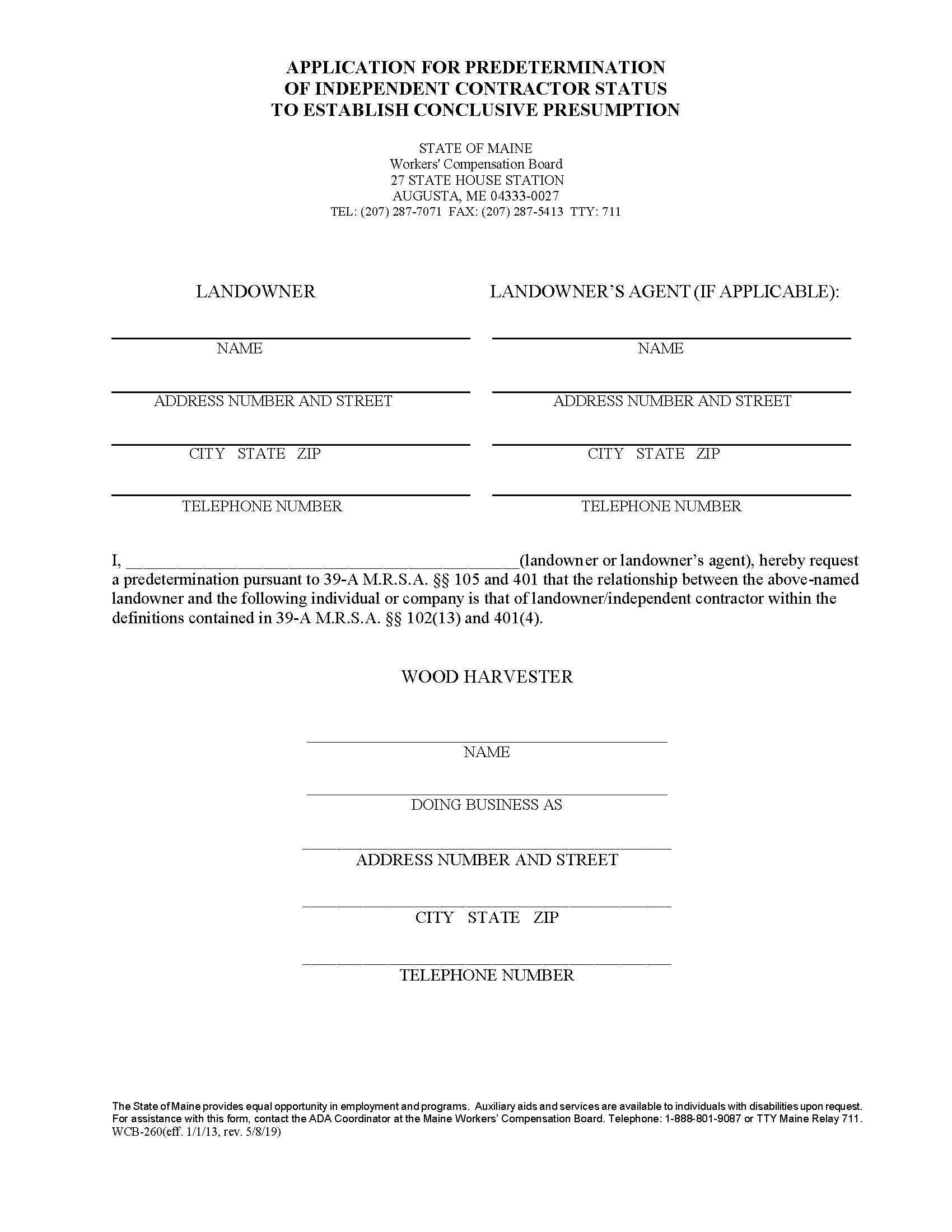 Application For Predetermination Of Independent Contractor Status {WCB-260} | Pdf Fpdf Doc Docx | Maine