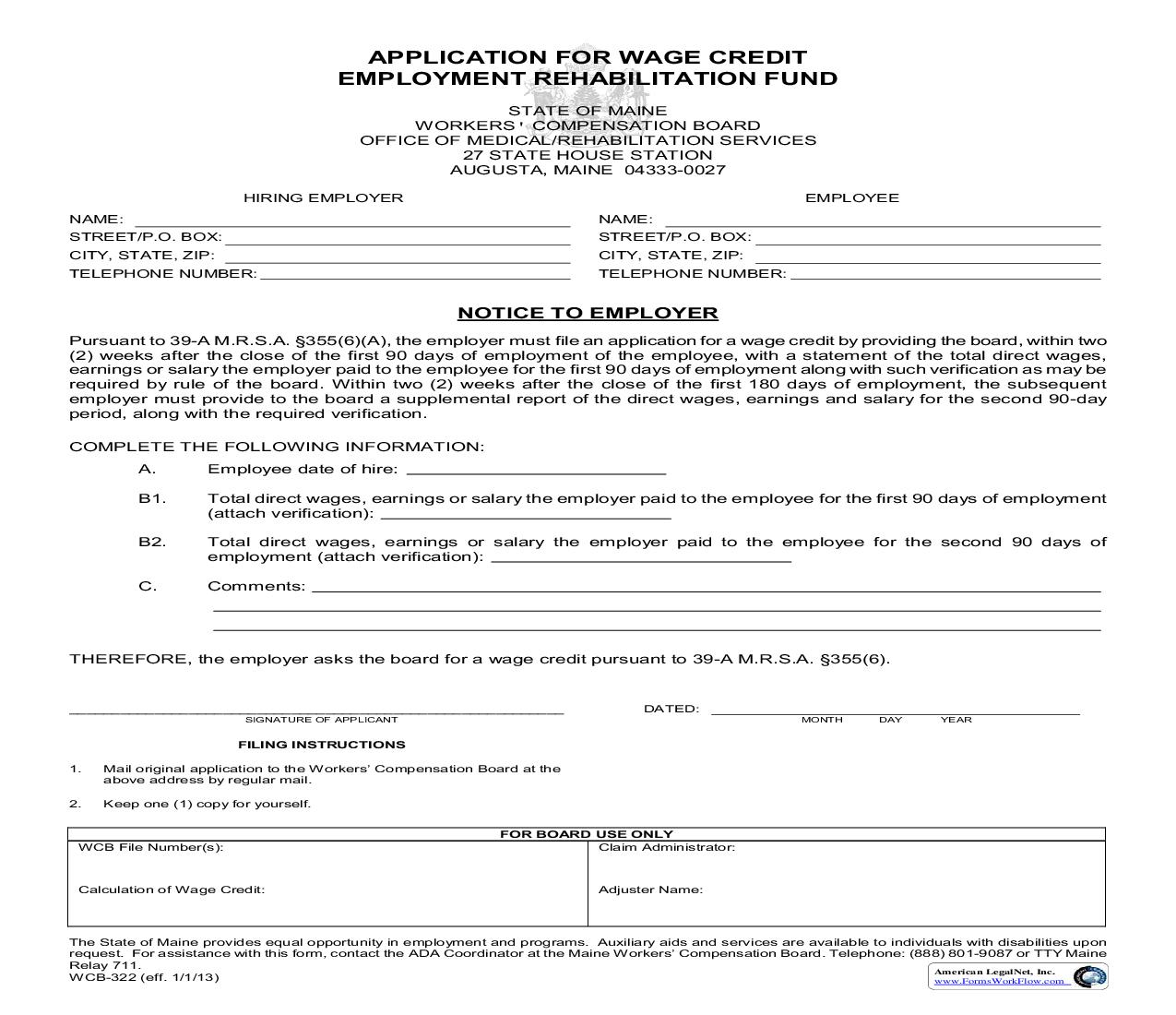 Application For Wage Credit Rehabilitation Fund {WCB-322} | Pdf Fpdf Doc Docx | Maine