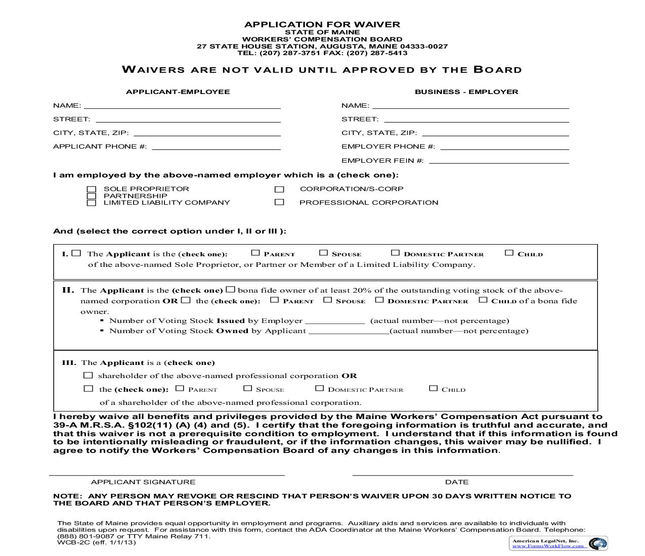 Application For Waiver {WCB-2C} | Pdf Fpdf Doc Docx | Maine