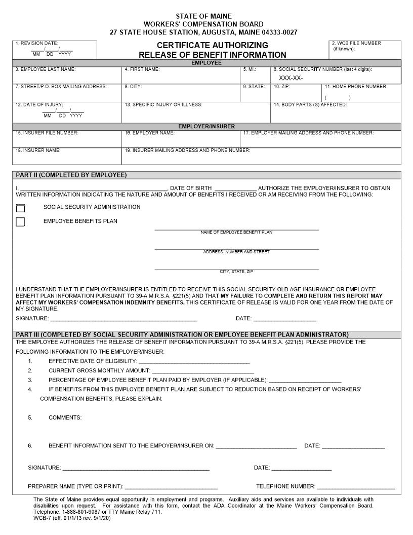 Certificate Authorizing Release Of Benefit Information {WCB-6} | Pdf Fpdf Doc Docx | Maine