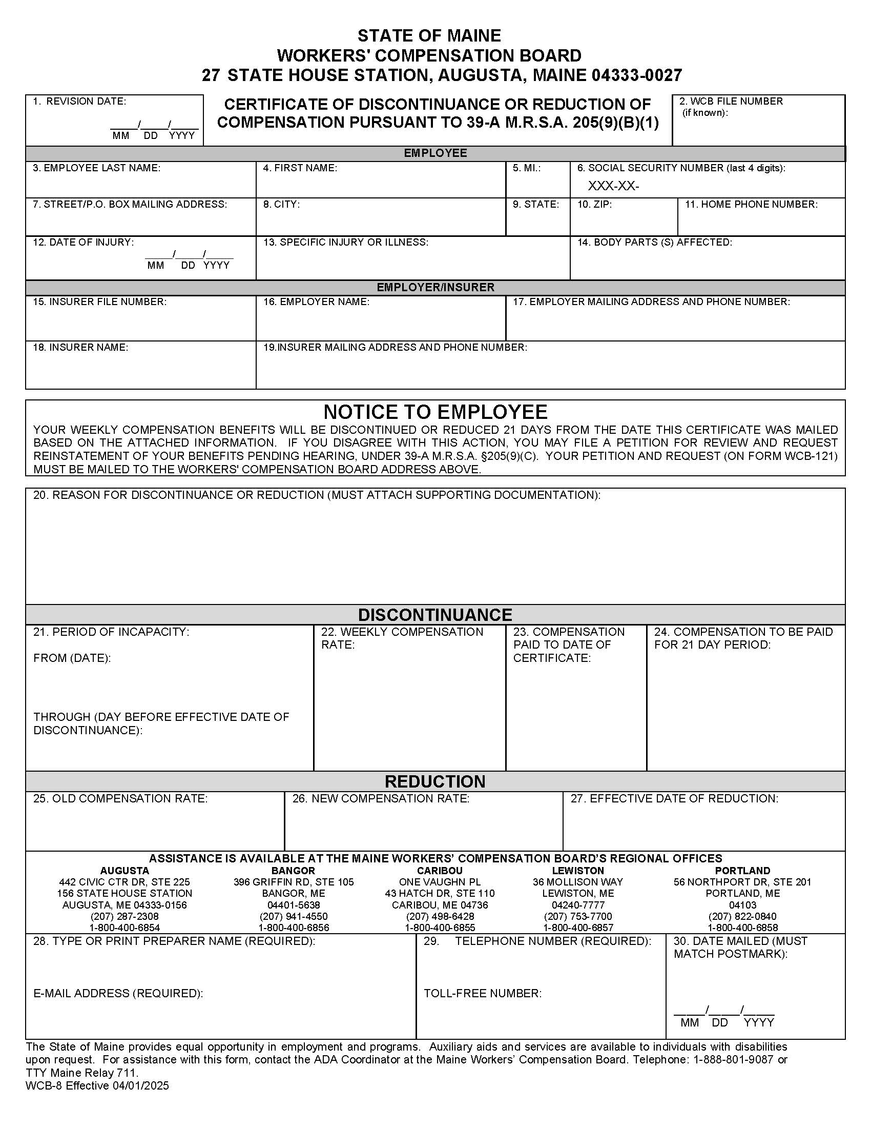Certificate Of Discontinuance Or Reduction Of Compensation {WCB-8} | Pdf Fpdf Docx | Maine