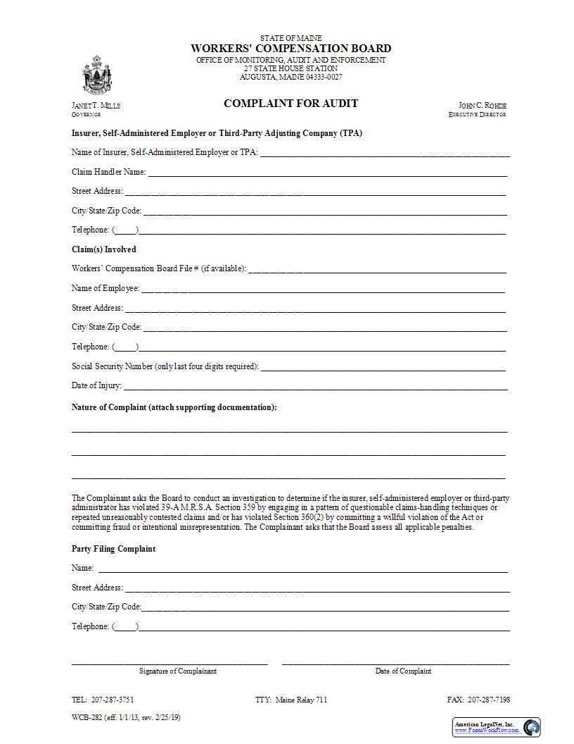 Complaint For Audit {WCB-282} | Pdf Fpdf Docx | Maine