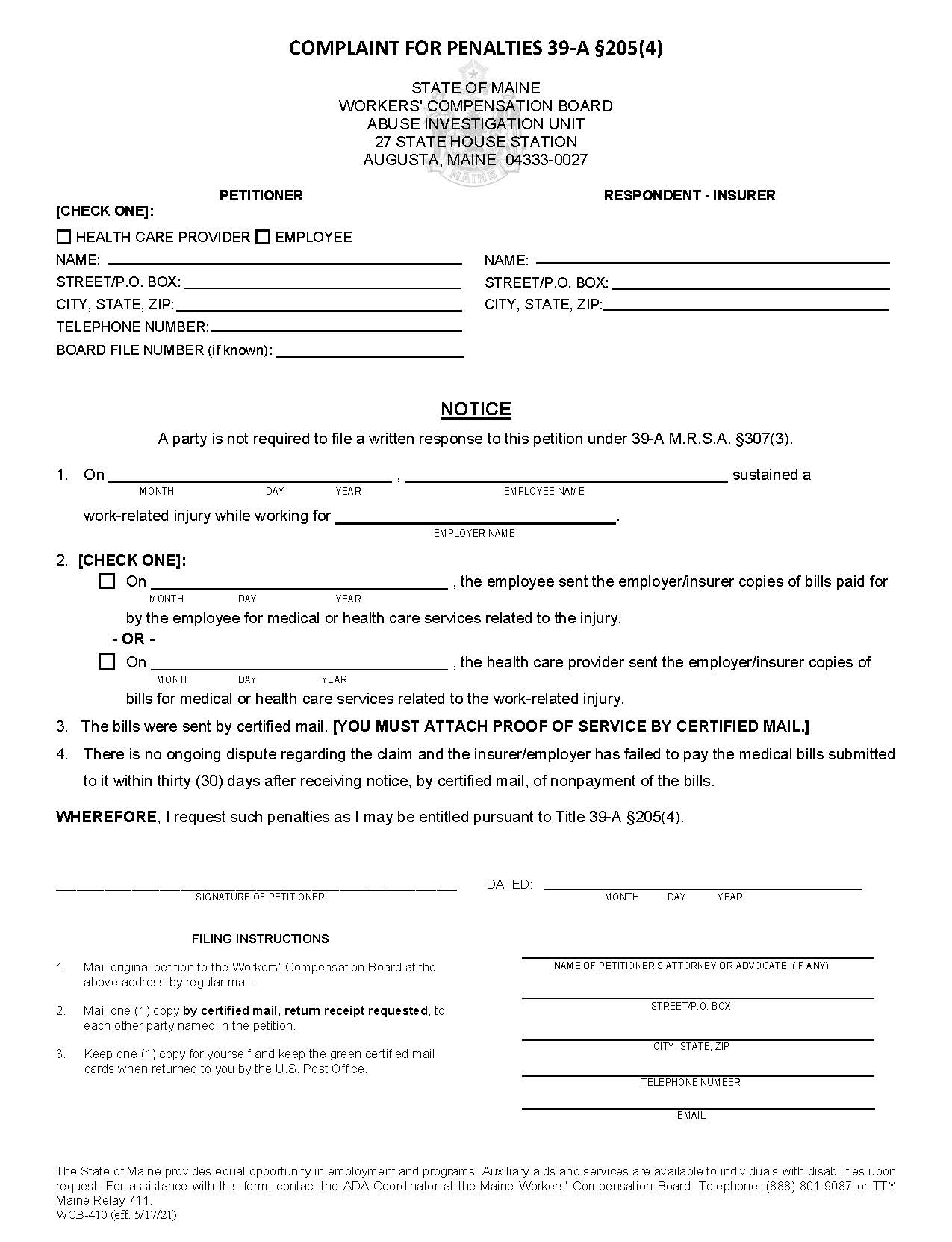 Complaint For Penalties Pursuant {WCB-410} | Pdf Fpdf Docx | Maine