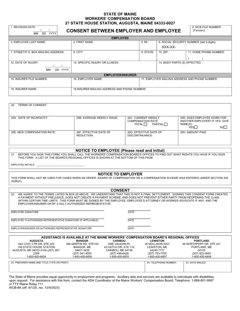 Consent Between Employer And Employee {WCB-4A} | Pdf Fpdf Docx | Maine