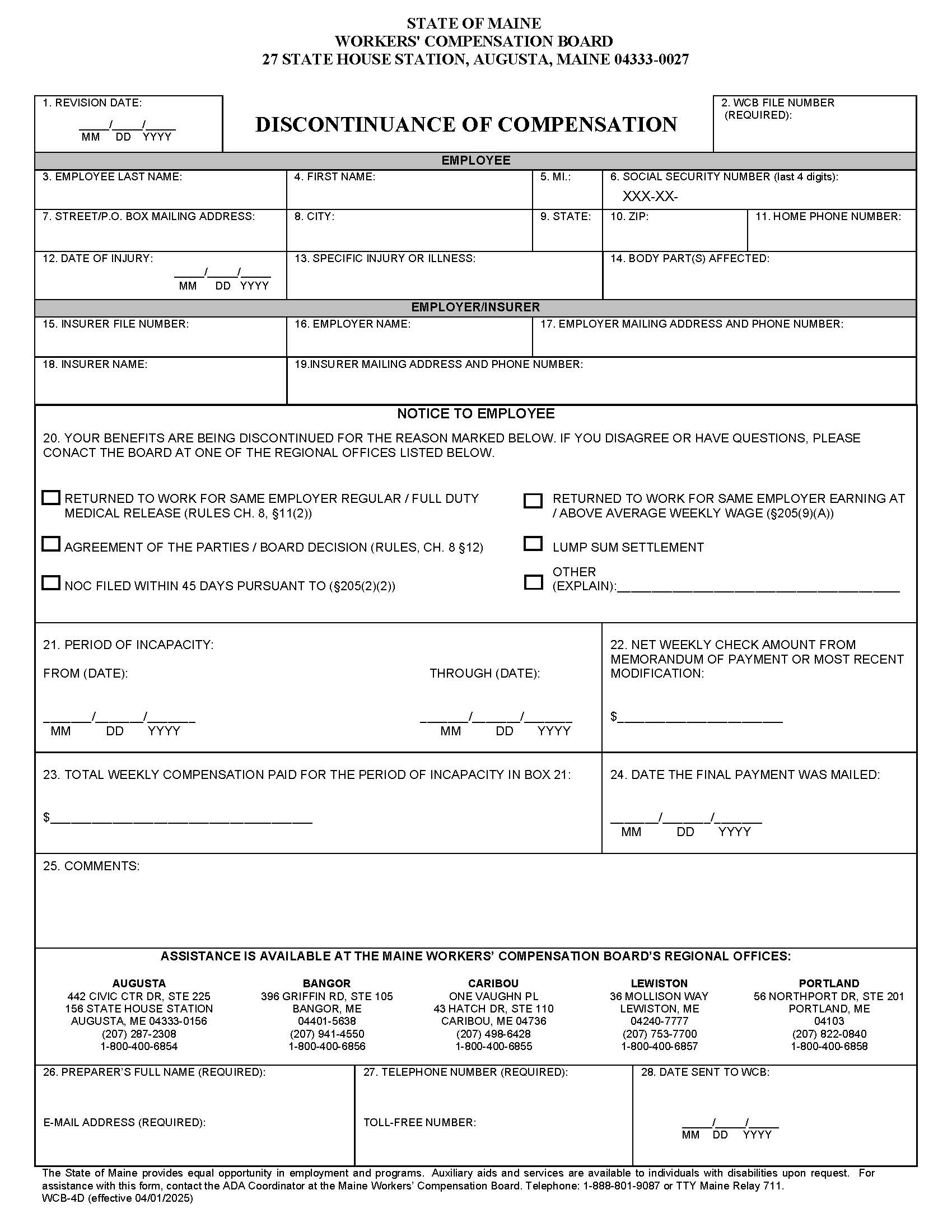 Discontinuance Of Compensation {WCB-4D} | Pdf Fpdf Docx | Maine