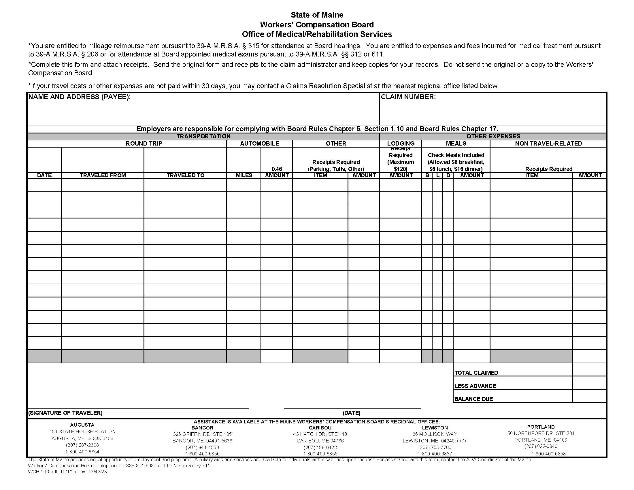 Employee Expense Form {WCB-206} | Pdf Fpdf Docx | Maine