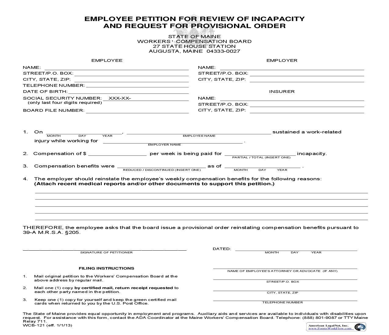 Employee Petition For Review Of Incapacity And Request For Provisional Order {WCB-121} | Pdf Fpdf Doc Docx | Maine