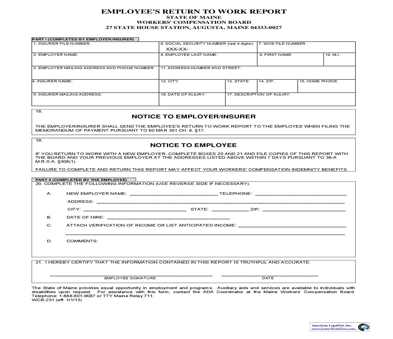 Employees Return To Work Report {WCB-231} | Pdf Fpdf Doc Docx | Maine