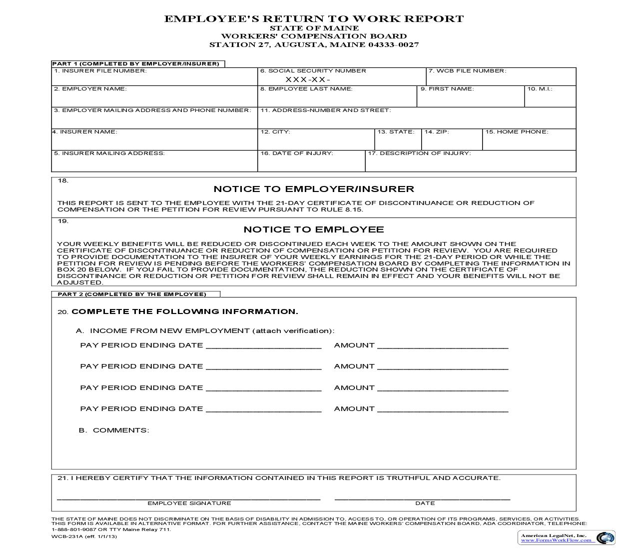 Employees Return To Work Report {WCB-231A} | Pdf Fpdf Doc Docx | Maine