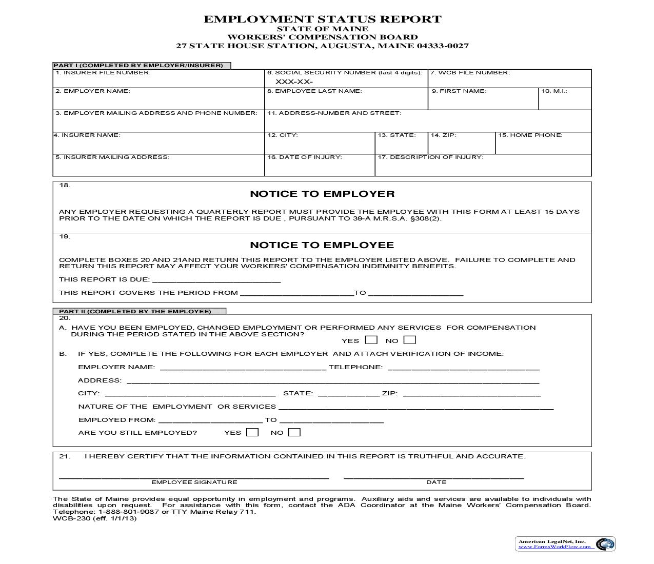 Employment Status Report {WCB-230} | Pdf Fpdf Doc Docx | Maine