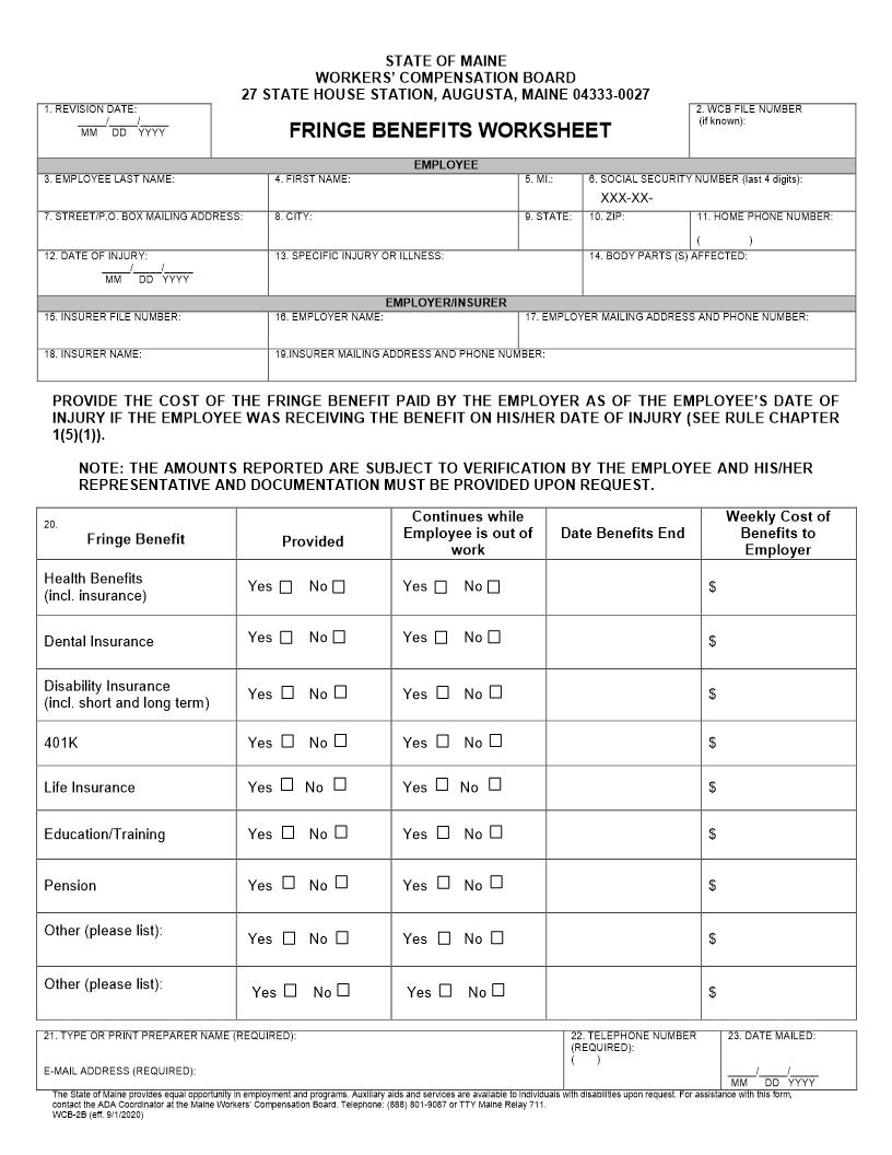 Fringe Benefits Worksheet {WCB-2B} | Pdf Fpdf Doc Docx | Maine