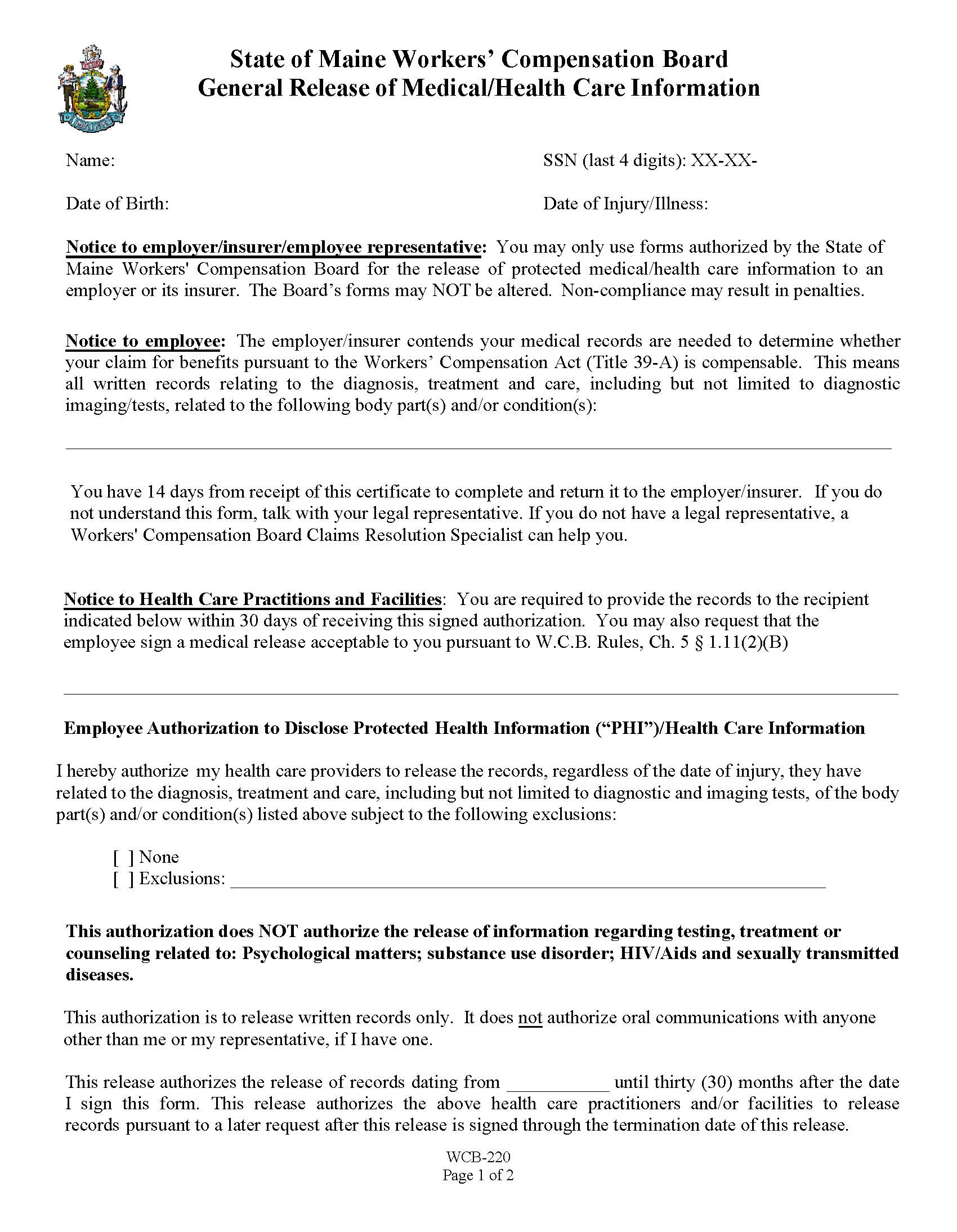 General Release Of Medical Health Care Information {WCB-220} | Pdf Fpdf Docx | Maine