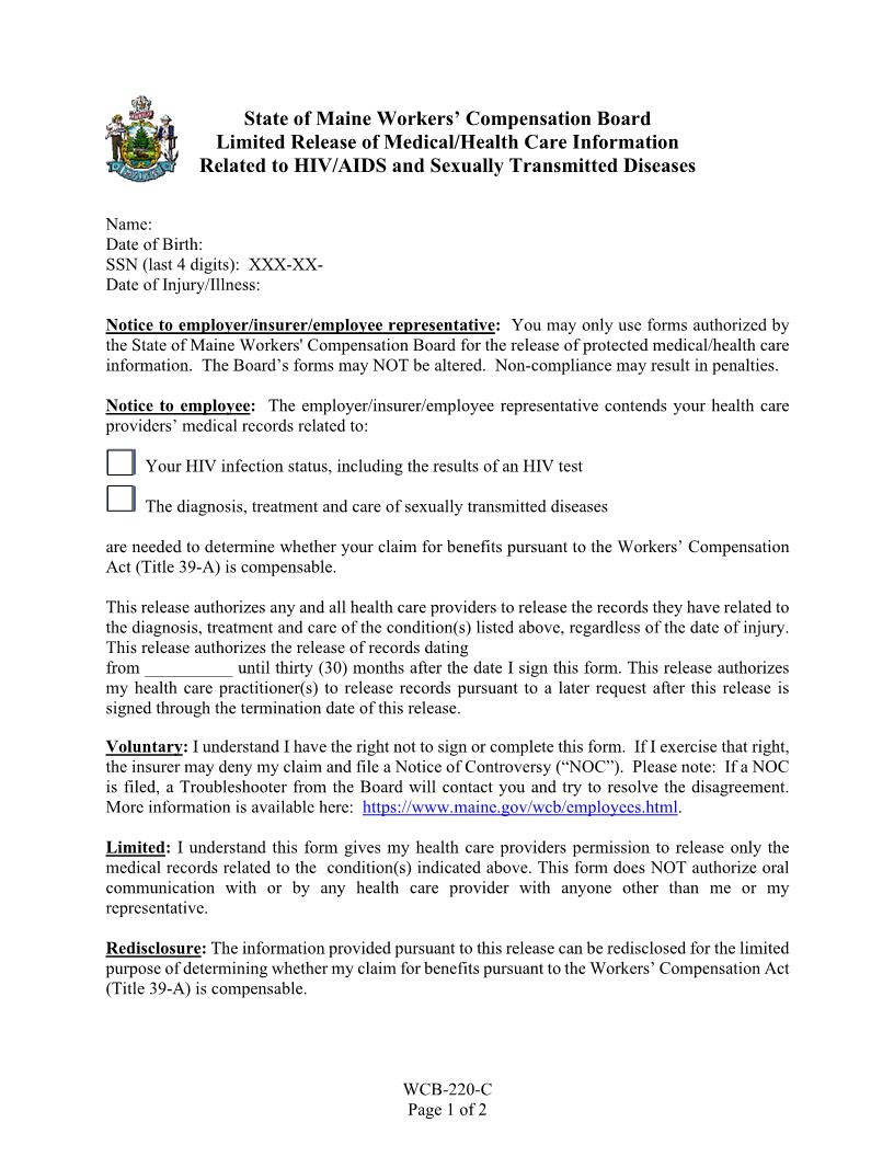 Limited Release Of Medical Health Care Information Related To HIV AIDS {WCB-220-C} | Pdf Fpdf Docx | Maine