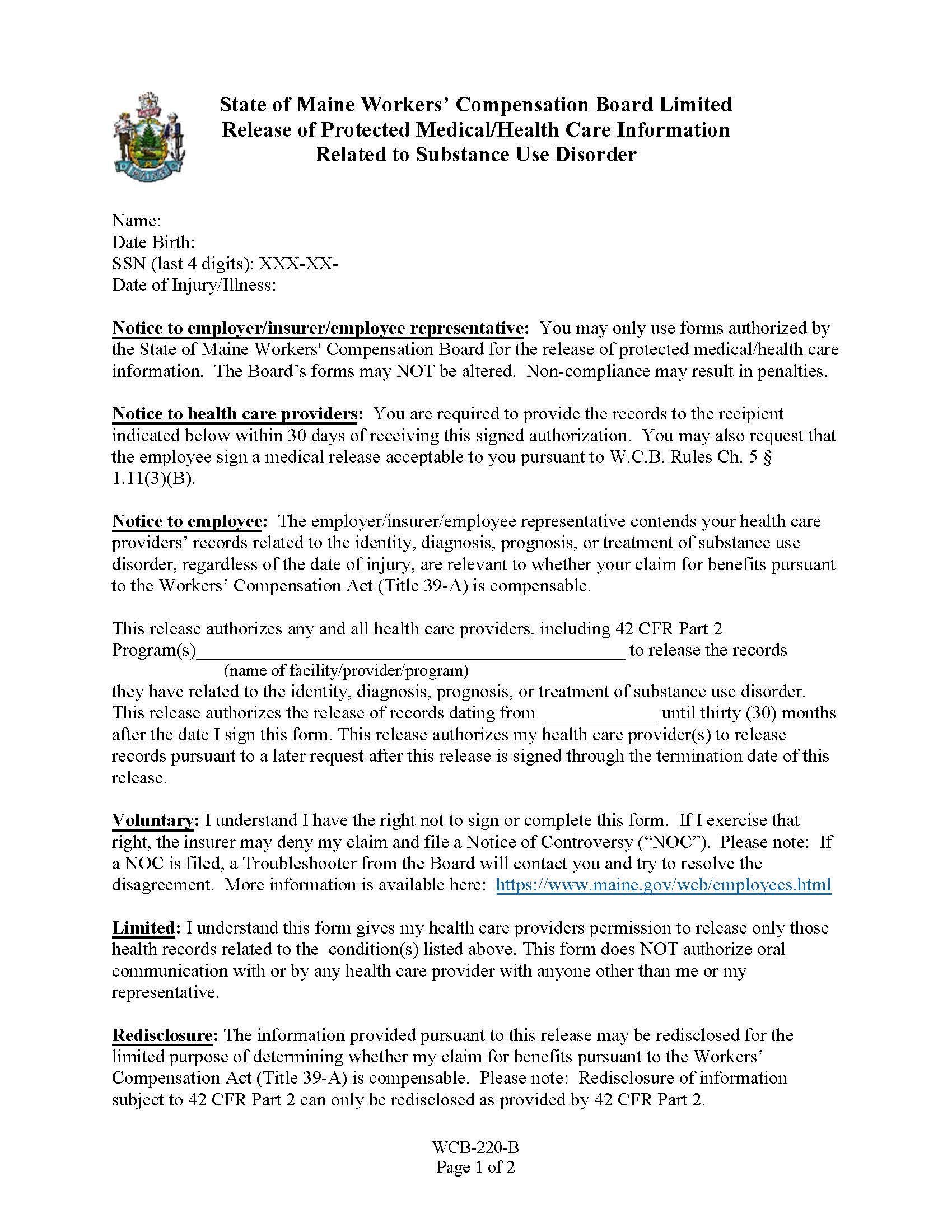 Limited Release Of Medical Health Care Information Related To Substance Abuse {WCB-220-B} | Pdf Fpdf Docx | Maine