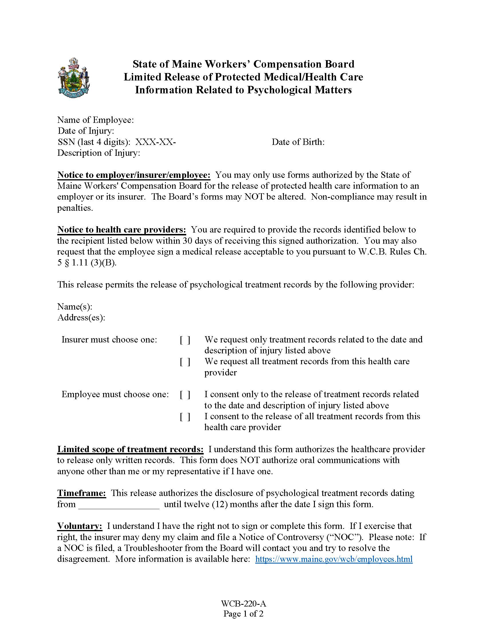Limited Release Of Protected Medical Health Care Information {WCB-220-A} | Pdf Fpdf Docx | Maine