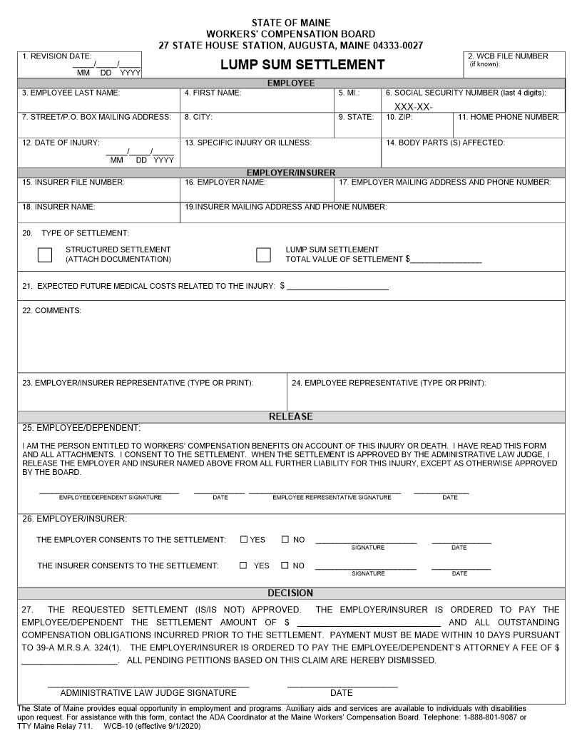 Lump Sum Settlement {WCB-10} | Pdf Fpdf Docx | Maine