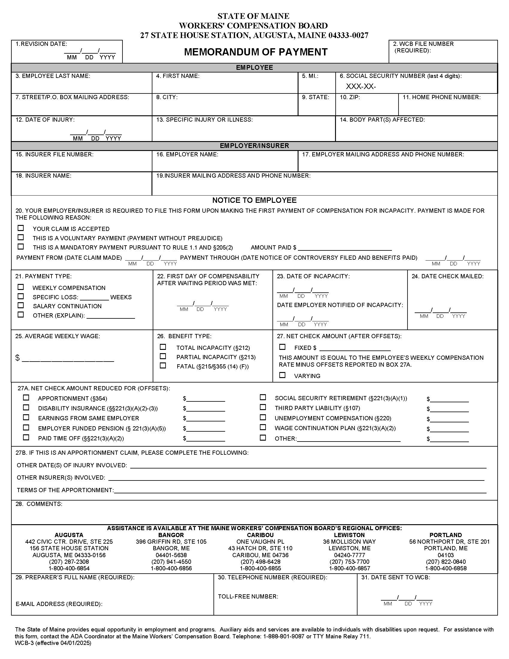 Memorandum Of Payment {WCB-3} | Pdf Fpdf Docx | Maine