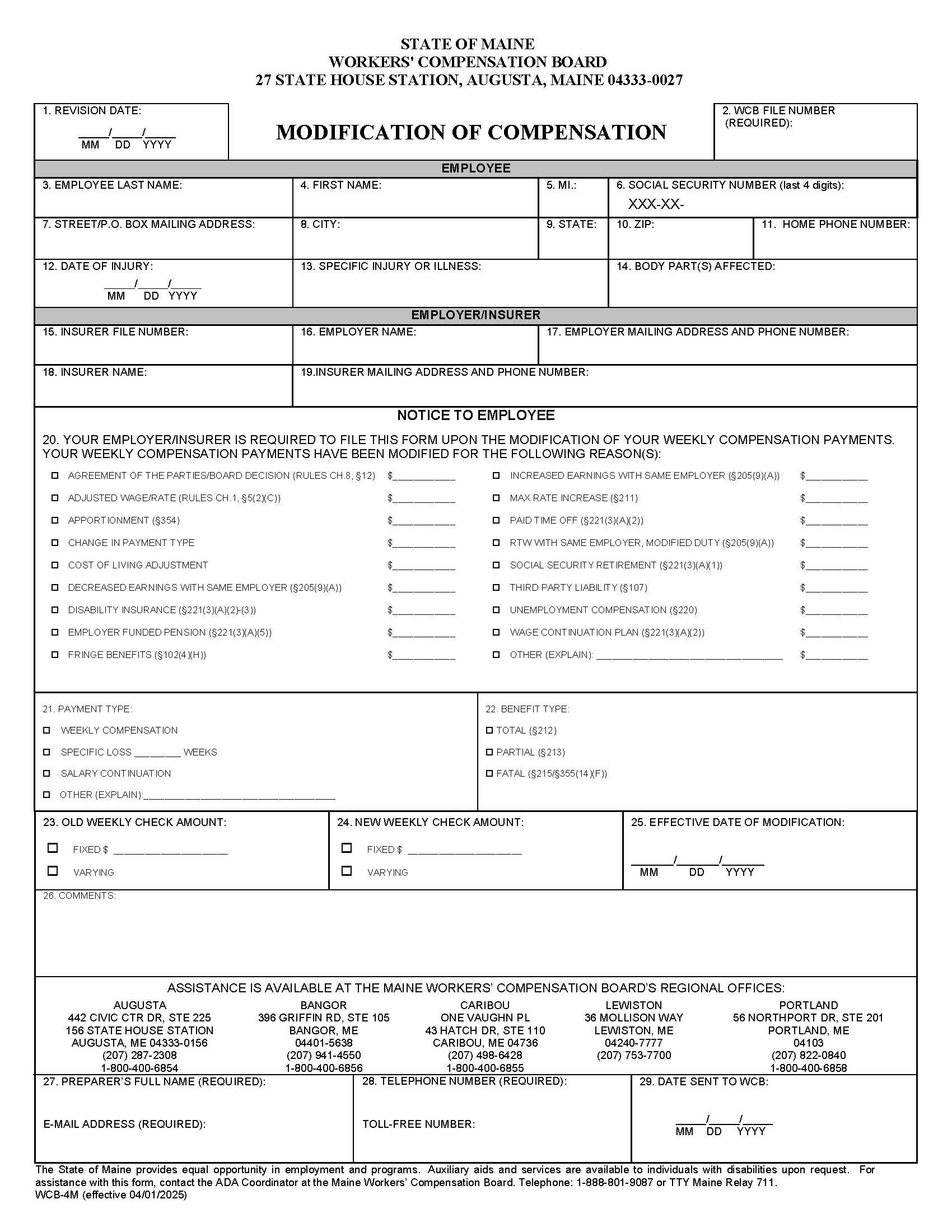 Modification Of Compensation {WCB-4M} | Pdf Fpdf Docx | Maine