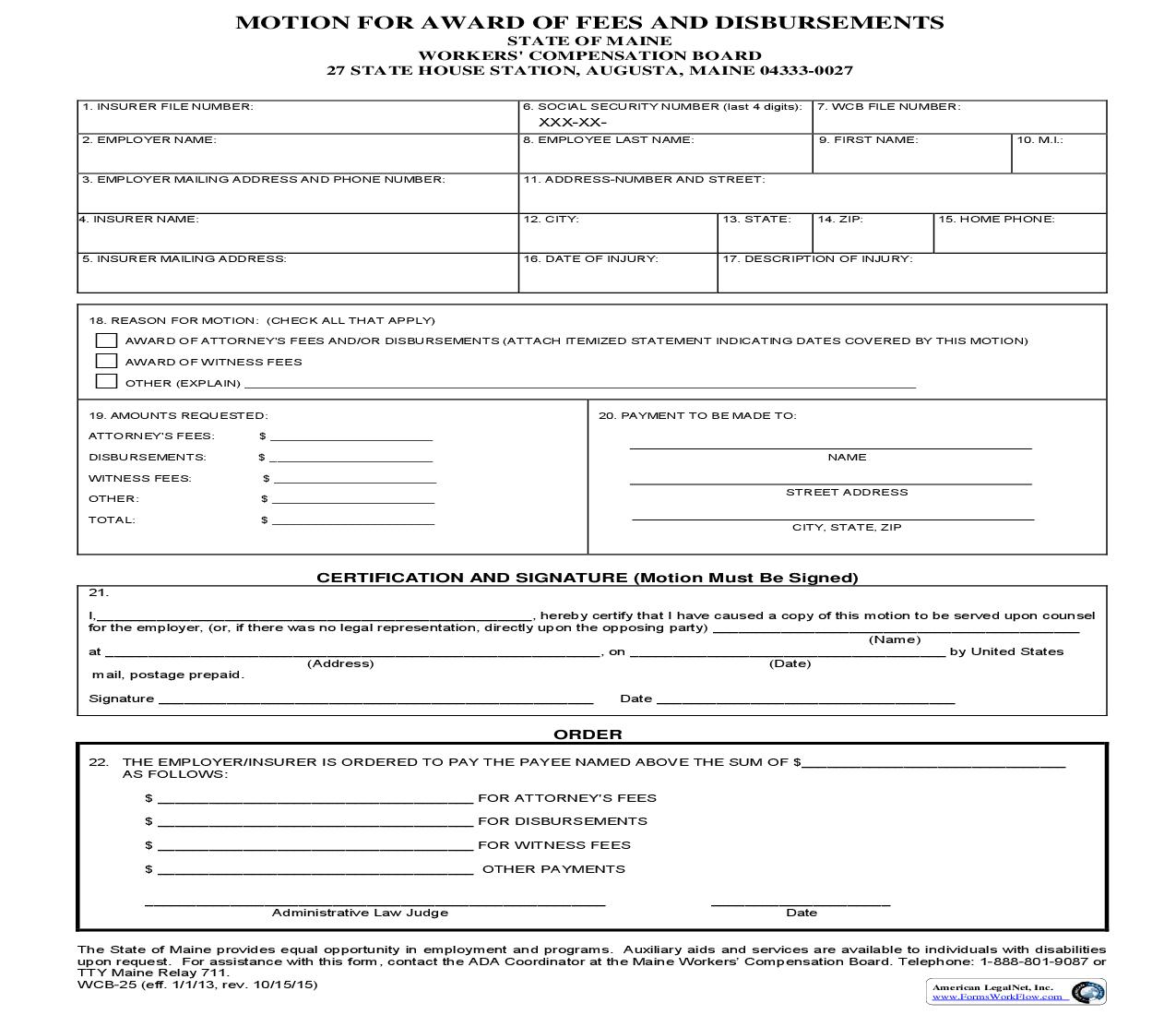 Motion For Award Of Fees And Disbursements {WCB-25} | Pdf Fpdf Doc Docx | Maine