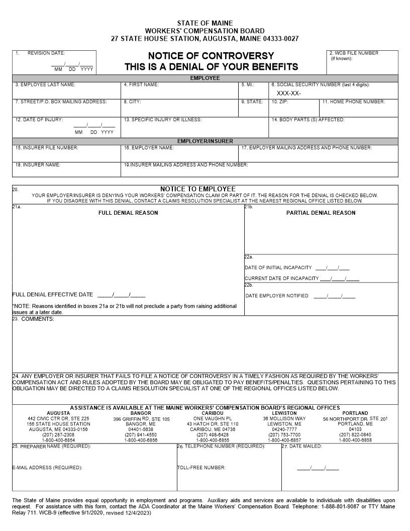 Notice Of Controversy {WCB-9} | Pdf Fpdf Docx | Maine