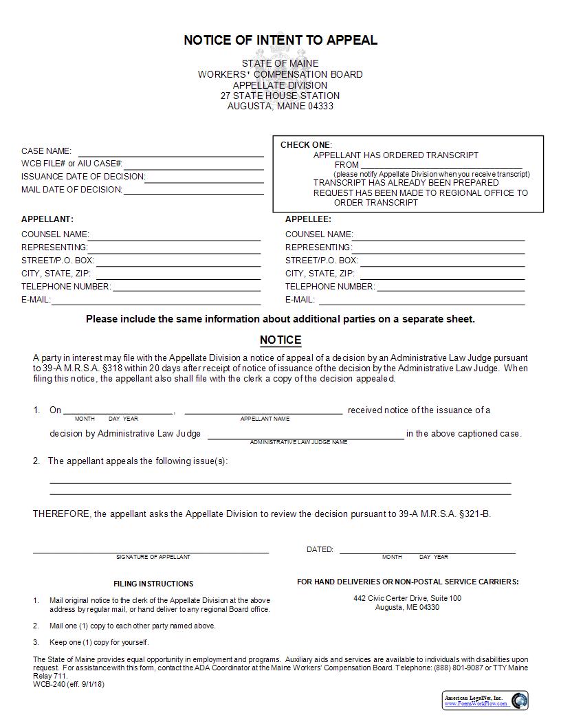 Notice Of Intent To Appeal {WCB-240} | Pdf Fpdf Docx | Maine