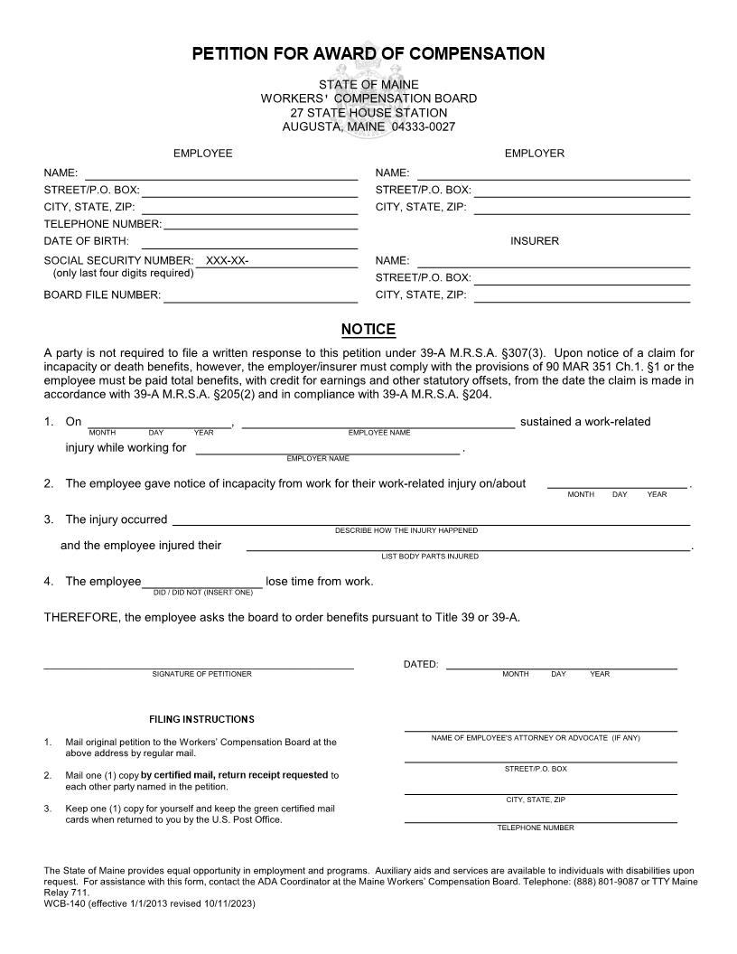Petition For Award Of Compensation {WCB-140} | Pdf Fpdf Doc Docx | Maine