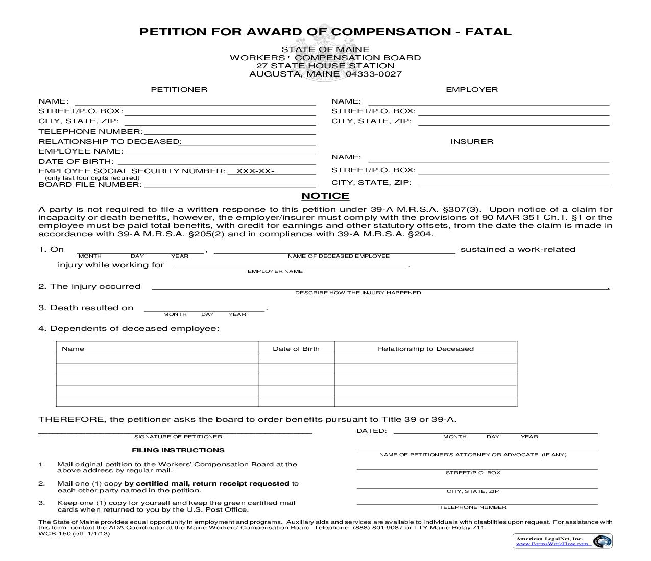 Petition For Award Of Compensation - Fatal {WCB-150} | Pdf Fpdf Doc Docx | Maine