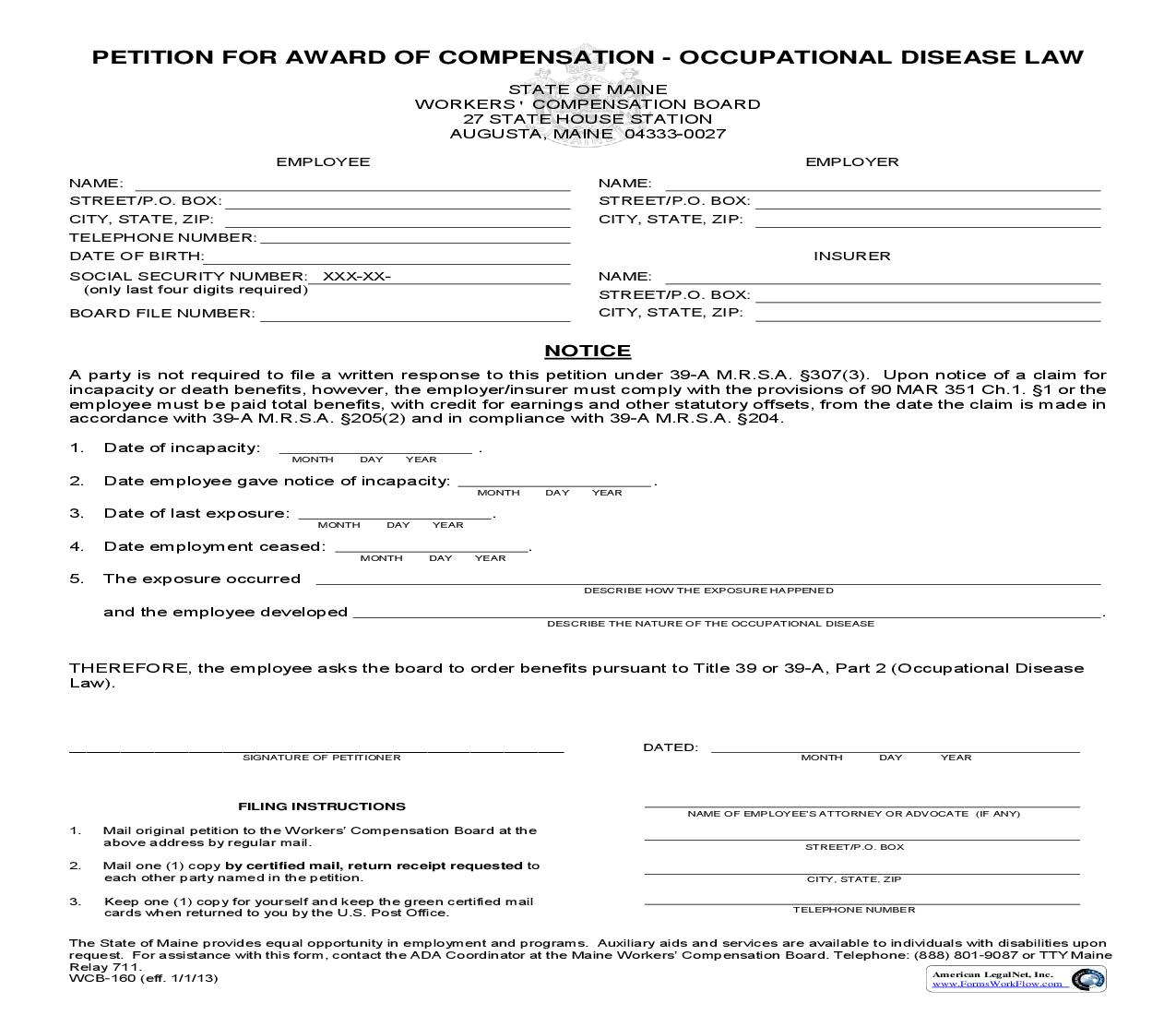 Petition For Award Of Compensation - Occupational Disease Law {WCB-160} | Pdf Fpdf Doc Docx | Maine