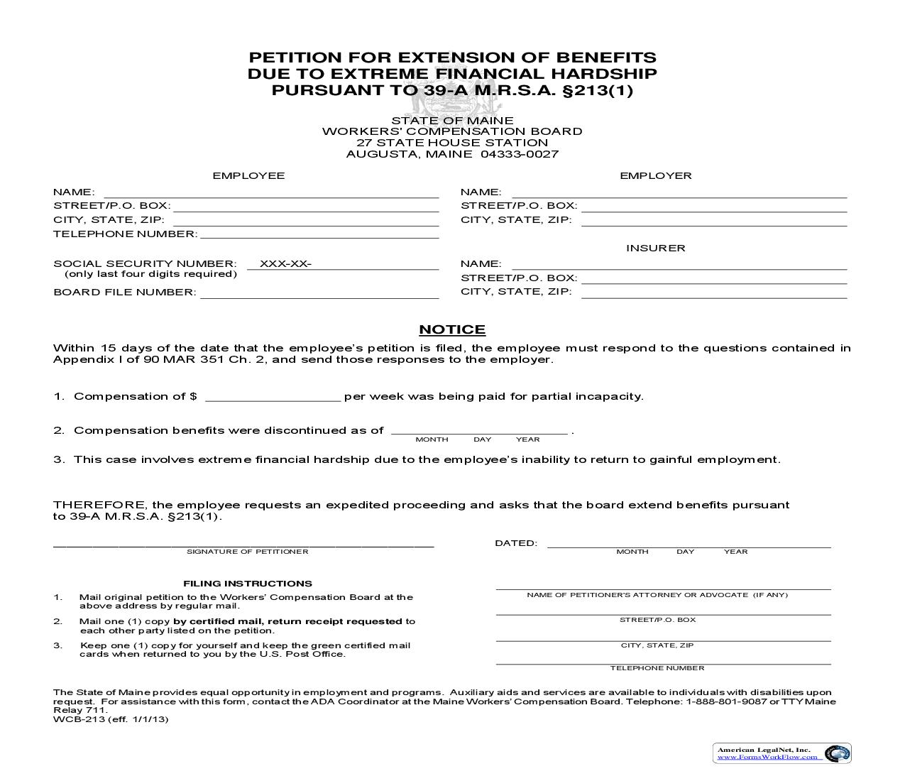 Petition For Extension Of Benefits Due To Extreme Financial Hardship {WCB-213} | Pdf Fpdf Doc Docx | Maine