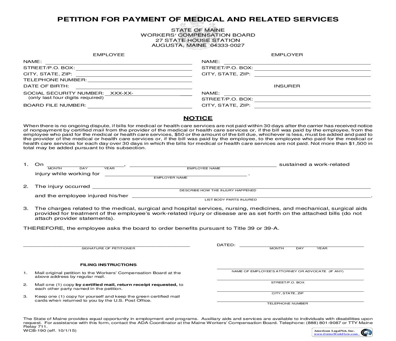 Petition For Payment Of Medical And Related Services {WCB-190} | Pdf Fpdf Doc Docx | Maine