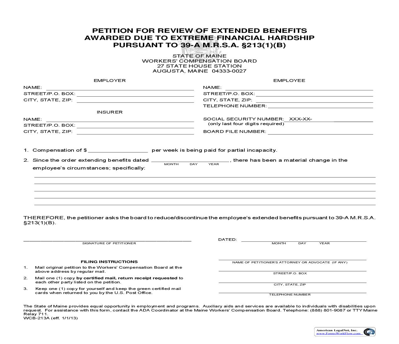 Petition For Review Of Extended Benefits Awarded Due To Extreme Financial Hardship {WCB-213A} | Pdf Fpdf Doc Docx | Maine