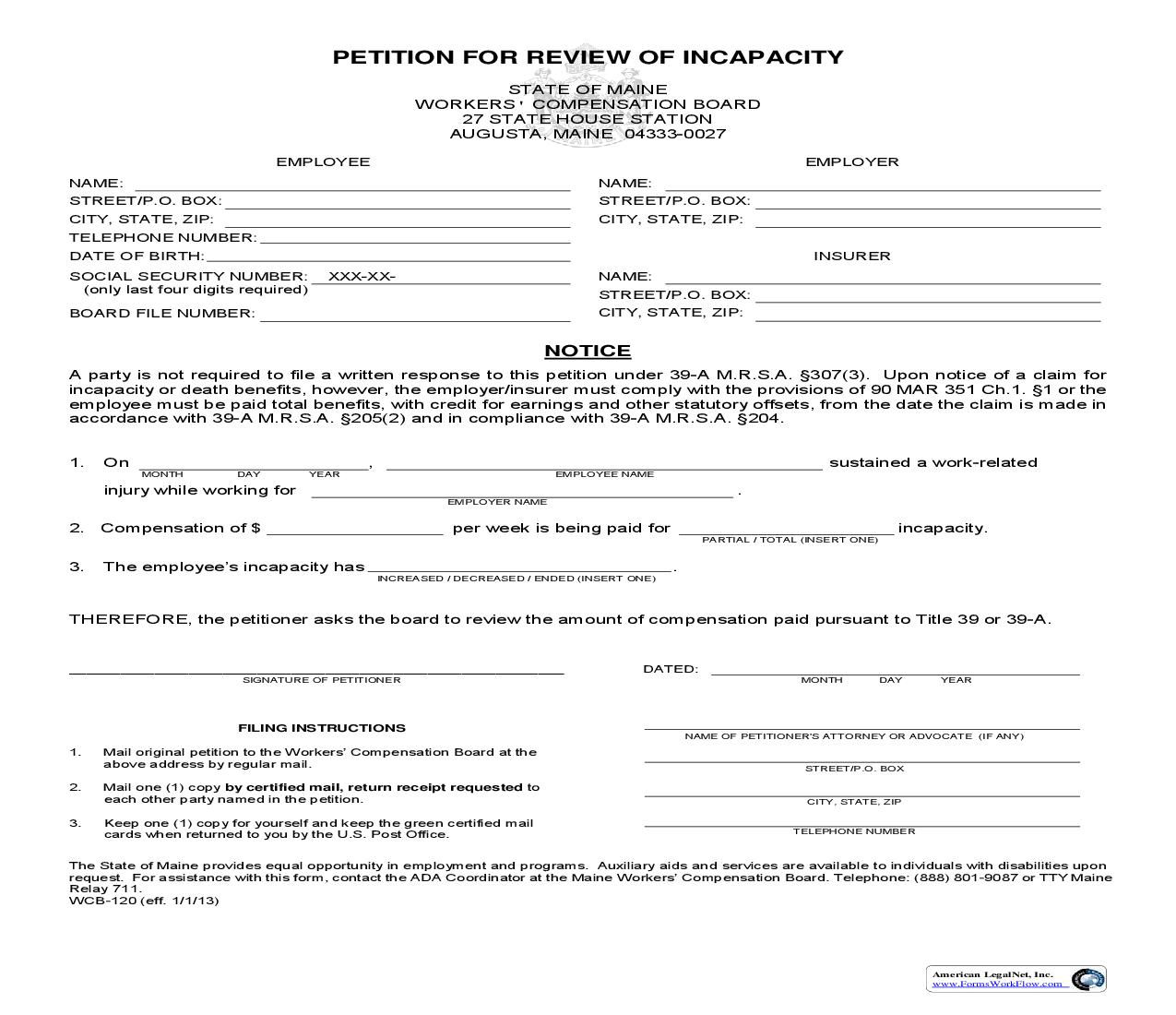 Petition For Review Of Incapacity {WCB-120} | Pdf Fpdf Doc Docx | Maine