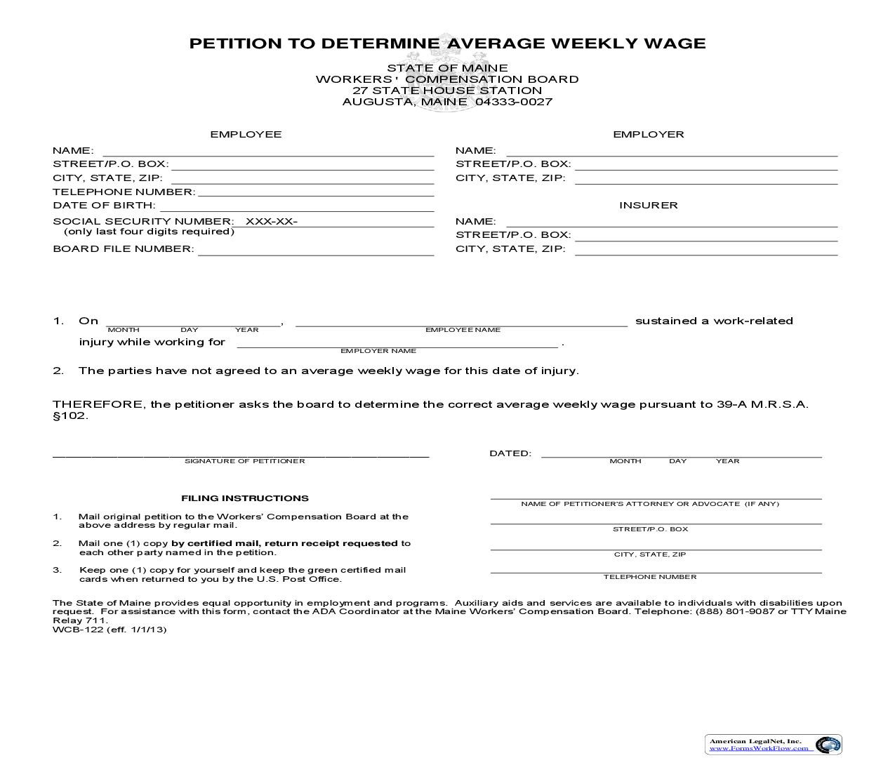 Petition To Determine Average Weekly Wage {WCB-122} | Pdf Fpdf Doc Docx | Maine
