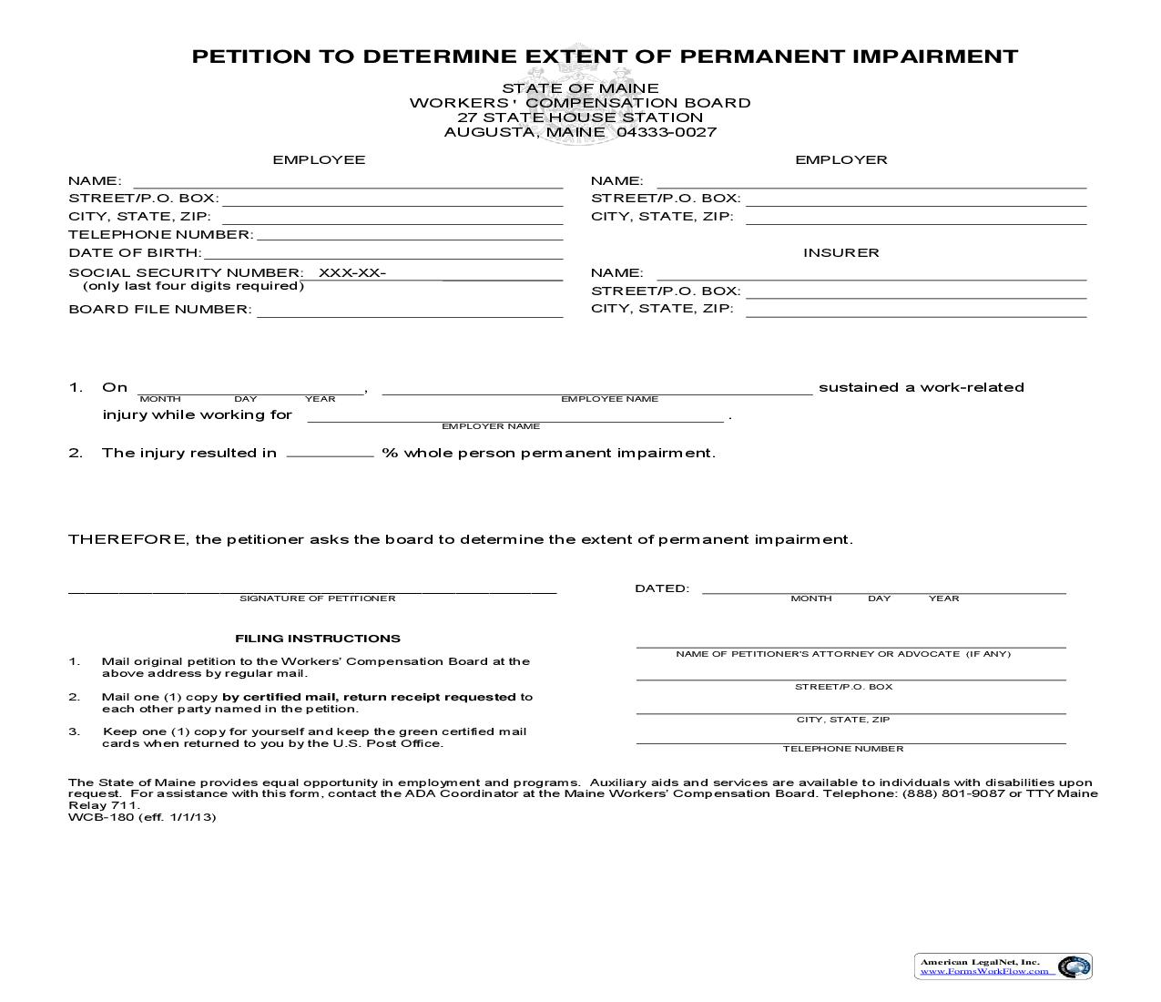 Petition To Determine Extent Of Permanent Impairment {WCB-180} | Pdf Fpdf Doc Docx | Maine
