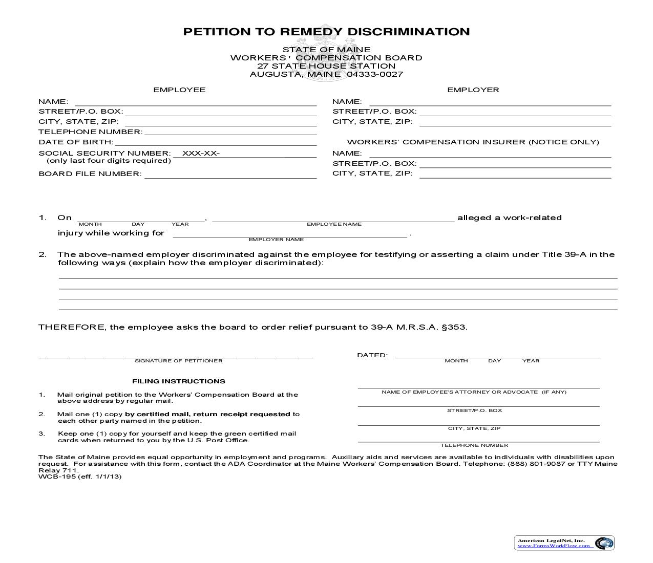 Petition To Remedy Discrimination {WCB-195} | Pdf Fpdf Doc Docx | Maine
