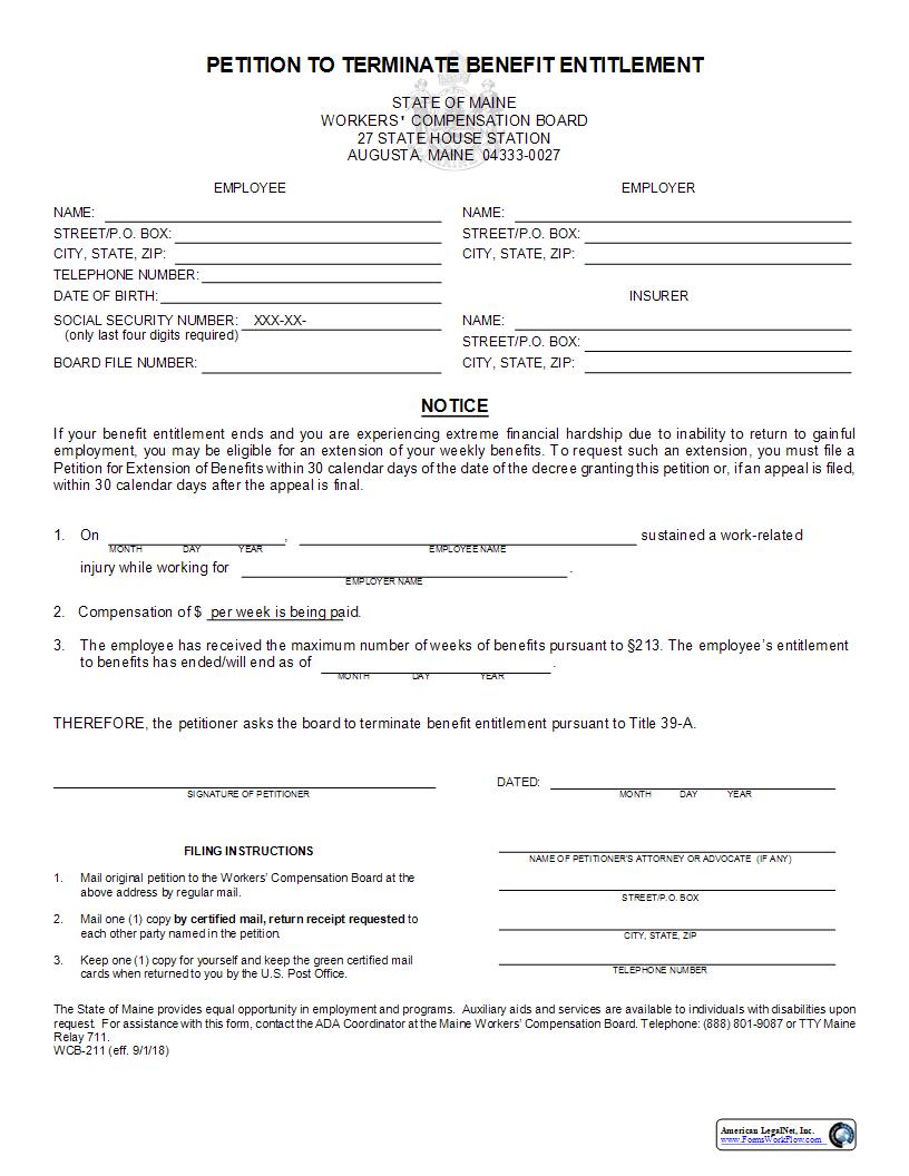 Petition To Terminate Benefit Entitlement {WCB-211} | Pdf Fpdf Docx | Maine