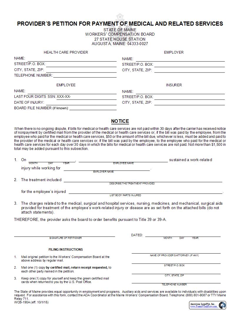 Providers Petition For Payment Of Medical And Related Services {WCB-190A} | Pdf Fpdf Docx | Maine