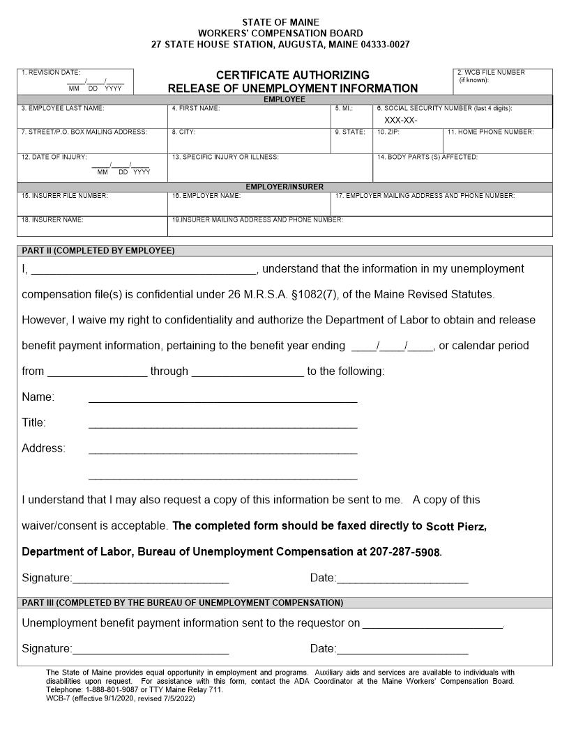 Release Of Unemployment Information {WCB-7} | Pdf Fpdf Doc Docx | Maine